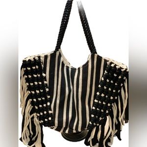 Bohemian Woven Side Tasseled Striped
Large Shoulder Bag. Women’s Black Cream